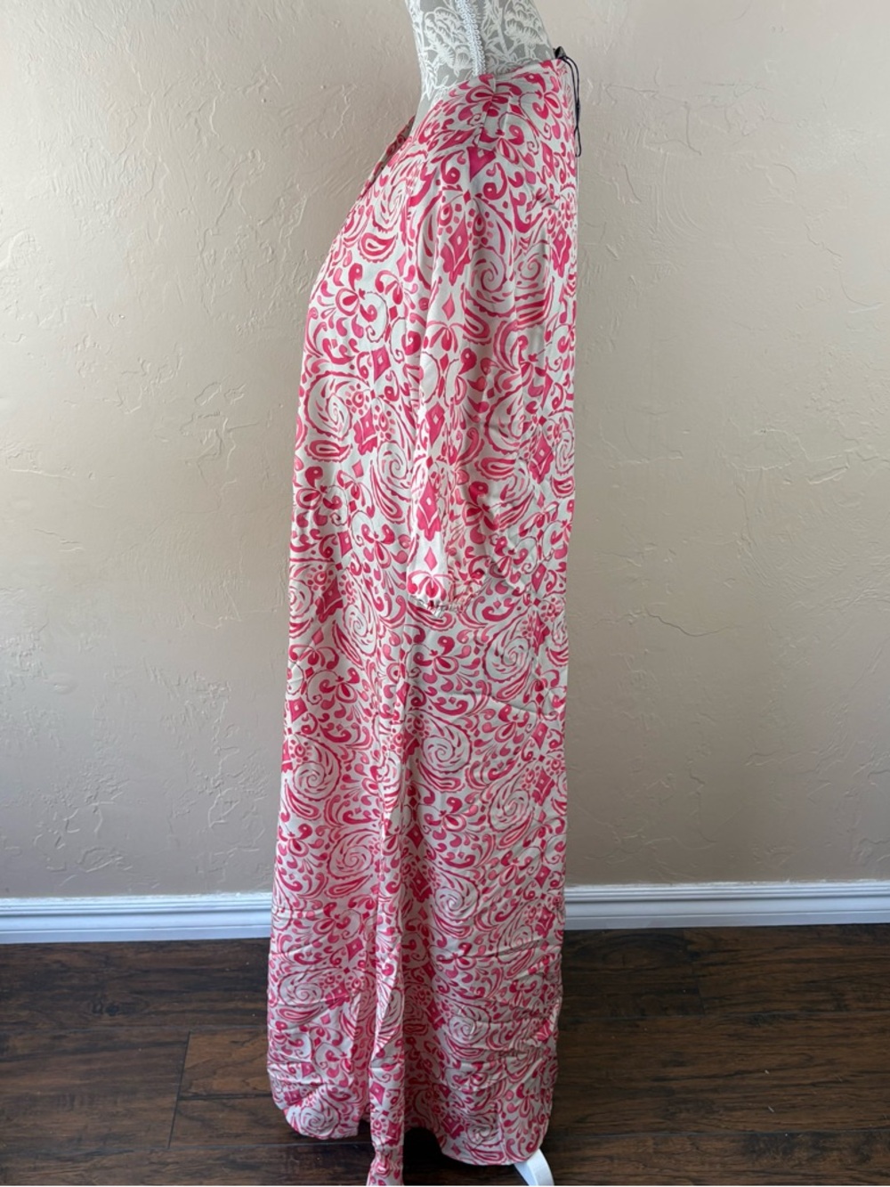 NWT Noracora Coral Pink Printed Maxi Dress Elbow Length Short Sleeves Size Large - Picture 3 of 12